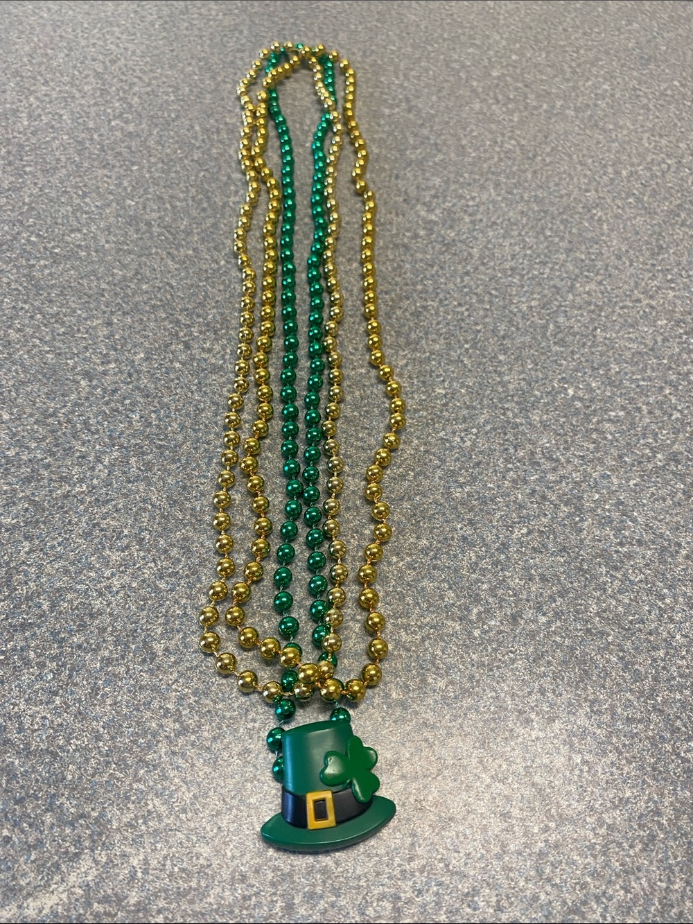 Green and Gold St. Patrick’s Day Beaded Necklace with Shamrock Hat Pendant 3pc.
